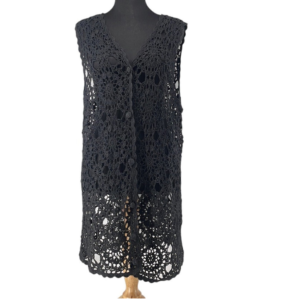Crocheted vest duster button front boho festival hippie sz small